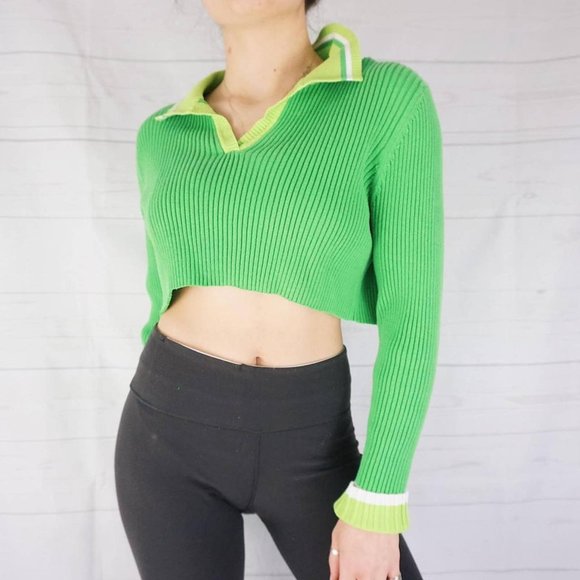 🍓90s CROPPED GREEN APPLE RIBBED COLLAR POLO SWEATER🍓 - Picture 3 of 4
